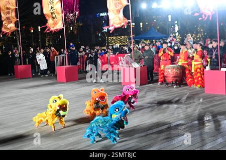 Les chiens robots, avec des décorations en forme de tête de lion, dansent aux côtés de danseurs de lion traditionnels lors d'une célébration du Festival des lanternes dans la ville de Suzhou, Banque D'Images