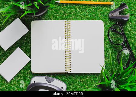 Cahier ouvert entouré de fournitures de bureau et de verdure sur une surface de fausse herbe lors d'une séance de travail créatif Banque D'Images