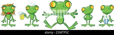 Funny Frog set dans différentes poses. Collection isolée dans le style de dessin animé. illustration vectorielle Illustration de Vecteur
