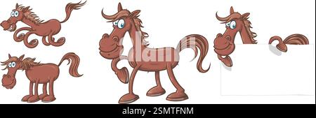 Cheval drôle mis dans différentes poses. Collection cheval isolé dans le style de bande dessinée. illustration vectorielle Illustration de Vecteur