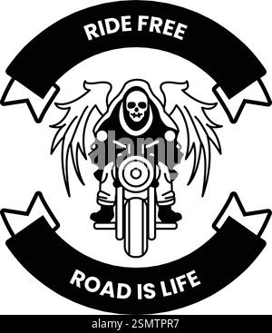 Un homme sur une moto avec un crâne sur la tête et des ailes sur le dos dans le style des illustrations de signe Illustration de Vecteur