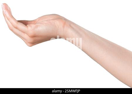 Main tendue vers un objet invisible dans un environnement neutre avec un éclairage doux Banque D'Images