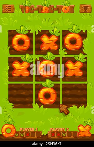 Jeu de société TIC-Tac-TOE. Fond d'herbe avec des carottes. Feuille de travail imprimable pour les vacances de printemps. Zéro et croise la grille. Jeu de logique de plateau pour votre jeu Illustration de Vecteur