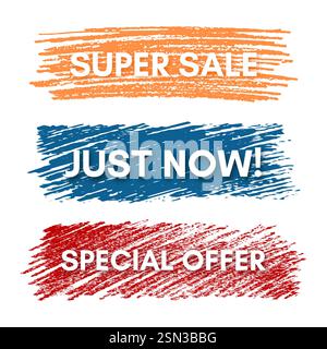 Super soldes, à l'heure actuelle, offre spéciale. Ensemble de trois bannières de vente sur les taches peintes colorées. Illustration vectorielle Illustration de Vecteur
