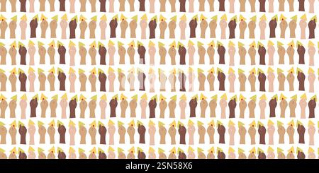 Mains masculines et féminines diverses nationalités détiennent des nachos de maïs ou d'épinards Seamless Pattern. Jour des nachos. Illustration vectorielle isolée cartes thématiques, bannière publicitaire ou web promo, dépliants, papier peint tag Illustration de Vecteur