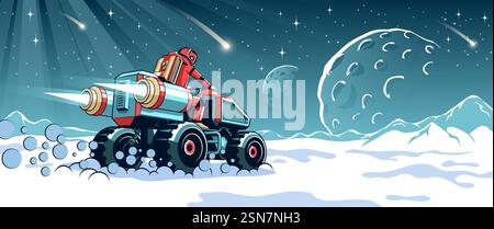 Astronaute vitesse à travers le paysage de la planète enneigée en rover Illustration de Vecteur