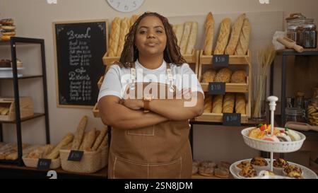 Femme debout avec confiance dans la boulangerie affichant divers pains et pâtisseries avec les bras pliés et portant un tablier brun sur un fond d'étagères Banque D'Images
