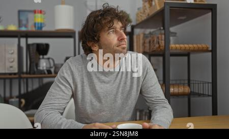 Jeune homme assis dans un bureau avec une expression réfléchie tenant une tasse à café entourée de meubles intérieurs modernes et d'accessoires de cuisine. Banque D'Images