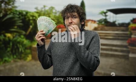 Homme hispanique mordant nerveusement les ongles tenant des roubles russes à l'extérieur dans un cadre urbain indiquant le stress financier et l'incertitude. Banque D'Images