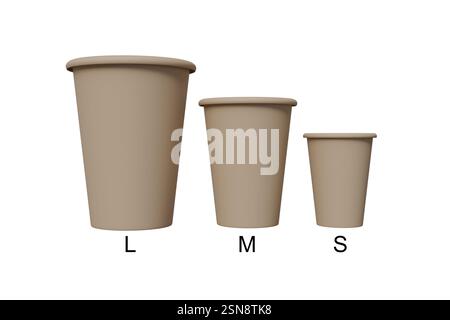 Modèle 3D de tasses brunes en papier de différentes tailles sur un fond blanc, tasse pour le café et le thé Banque D'Images