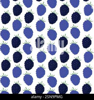 Modèle sans couture de mûres bleues avec des feuilles vertes sur un fond blanc, style de bande dessinée plat. Illustration de Vecteur