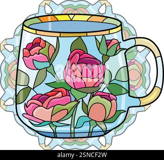 Tasse de café ou de thé vecteur avec des roses sur mandala Illustration de Vecteur