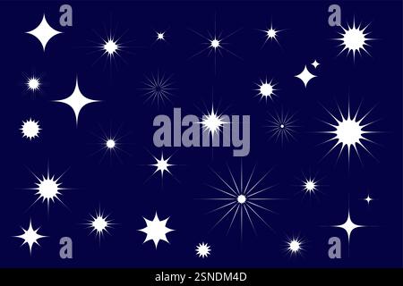 Icônes d'étoiles, étoiles scintillantes. Scintillement, éclat brillant. Set collection, symboles blancs vectoriels isolés sur fond bleu nuit étoilé Illustration de Vecteur