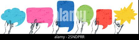 Main humaine tenant des cadres de bulles de parole vierges colorées. Illustration d'esquisse dessinée à la main vectorielle. Boîte de dialogue nuages vides avec place pour le texte Illustration de Vecteur