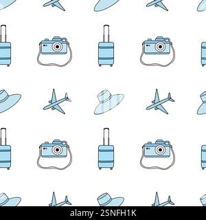 Modèle sans couture avec caméra bleue, chapeau, avion et valise Banque D'Images