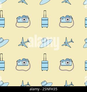 Modèle sans couture avec caméra bleue, chapeau, avion et valise Banque D'Images