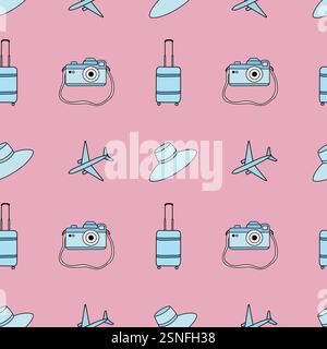 Modèle sans couture avec caméra bleue, chapeau, avion et valise Banque D'Images