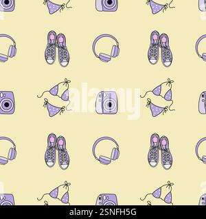 Motif sans couture avec appareil photo violet, chaussures, bikini et écouteurs Banque D'Images
