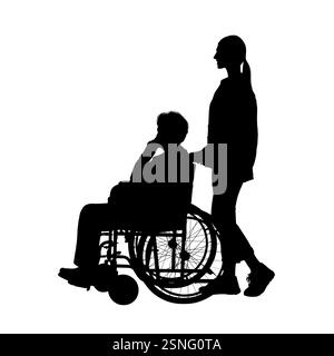 Silhouette de femme avec homme en fauteuil roulant sur fond blanc Banque D'Images