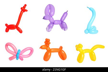Différentes figures faites de ballons de modélisation sur fond blanc, ensemble Banque D'Images
