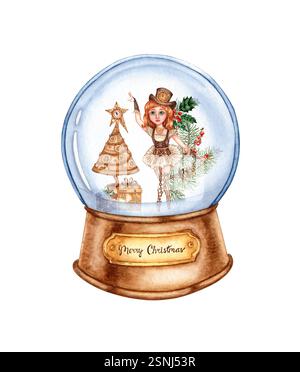 Boule de cristal avec sphère de verre montée sur une base en bois brun avec illustration aquarelle de plaque d'or. À l'intérieur de Ballerina dans des branches de sapin dans steampunk Banque D'Images