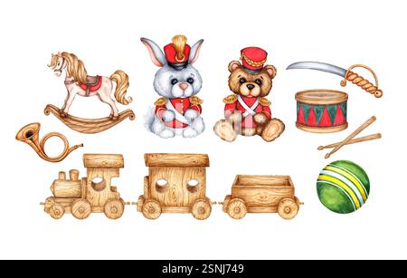 Ensemble de jouets pour enfants avec cheval à bascule, ours militaire et lapin, tambour, sabre, bugle, train et boule illustration aquarelle. Jouets pour la décoration o Banque D'Images