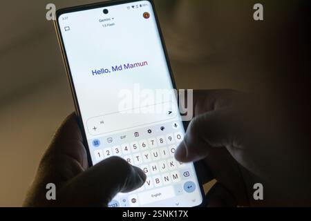 Site Google Gemini vu dans un écran de smartphone. Gemini est le modèle d'IA de nouvelle génération, le plus grand et le plus performant de Google Banque D'Images