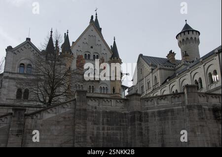Le château de Neuschwanstein, un palais de renouveau roman du XIXe siècle, se trouve sur une falaise accidentée en Allemagne, à Munich. La destination touristique populaire a abeille Banque D'Images