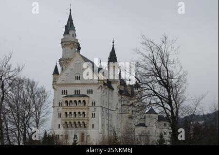 Le château de conte de fées Neuschwanstein en Bavière, en Allemagne, se trouve sur une colline accidentée entourée d'arbres luxuriants. Le roi Louis II de Bavière l'a construit comme une re Banque D'Images