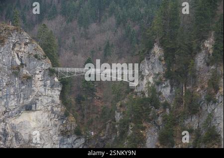 Un pont en bois altéré s'étend précairement à travers un gouffre profond, son chemin englouti par les forêts denses de pins couvrant les falaises imposantes sur E. Banque D'Images