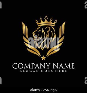 Symboles de couronne de lion roi royal. Élégant logo animal Leo doré. Identité de marque de luxe haut de gamme Illustration de Vecteur