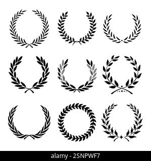 Ensemble de lauriers noirs vectoriels. Branches de lauriers feuilletés circulaires. Silhouette de couronne Laurel Illustration de Vecteur