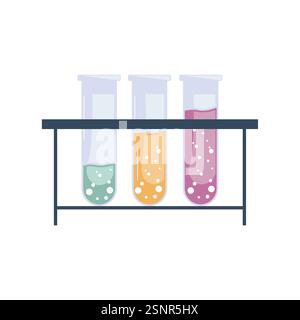 Jeu de tubes pour produits chimiques de laboratoire. Expériences et essais en laboratoire et en chimie. Liquides jaunes, verts et violets, réactifs. Modèle et mise en page. Dessin animé plat v Illustration de Vecteur