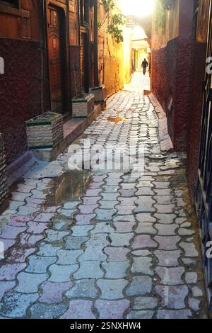 Admirez une longue ruelle étroite pavée de pierres avec une silhouette solitaire à l'extrémité arrière, rétroéclairée par la lumière dorée du soleil du matin Banque D'Images