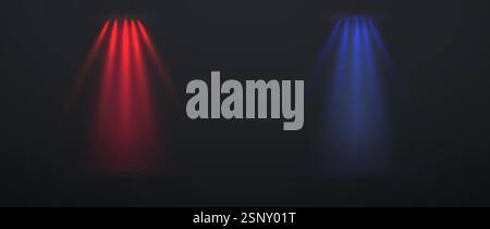 Projecteurs néon rouge et bleu réalistes sur fond sombre pour scène, événements, conception de fête ou décoration d'affiche. Illustration vectorielle Illustration de Vecteur
