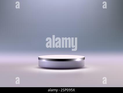 podium blanc circulaire 3d minimaliste avec une bande argentée, placé sur un fond bleu dégradé doux. affichage des produits, maquettes et présentation moderne Illustration de Vecteur