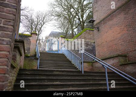 Un escalier en pierre recouvert de mousse avec des balustrades métalliques menant à une porte bleue ornée, entouré de murs de briques et d'arbres à Amiens, France. Banque D'Images