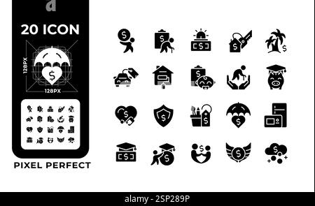 Objectifs financiers Pixel Perfect icônes de glyphe noir définis sur l'espace blanc Illustration de Vecteur