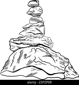 Maquette empilable en pierre Illustration vectorielle d'équilibrage de roche, impression dessinée à la main de style d'esquisse. Cairn Stones. Affiche de concept artistique méditation et équilibre. Illustration de Vecteur