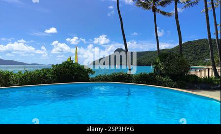 Oasis de Hamilton Island : une piscine à débordement scintillante se déverse vers l'océan turquoise, créant un paradis luxueux au bord de la piscine dans cette île paradisiaque Banque D'Images