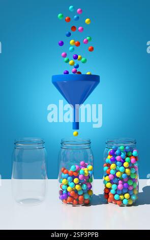 Bonbons colorés ou gumballs versent à travers un entonnoir bleu dans un pot de bonbons en verre sur une table blanche avec un fond bleu. Rendu 3D. Banque D'Images