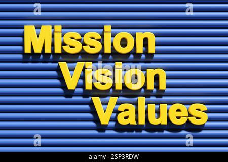 Les mots valeurs de vision de mission sur fond horizontal bleu représentant la déclaration de l'entreprise, l'éthique des affaires et la stratégie de l'entreprise. Rendu 3D. Banque D'Images