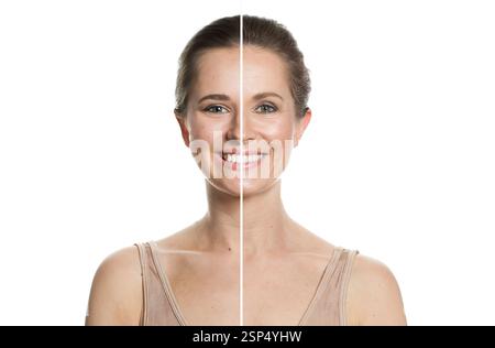 Belle jeune femme modèle et femme mature. Ensemble de collage de deux visages féminins. Banque D'Images