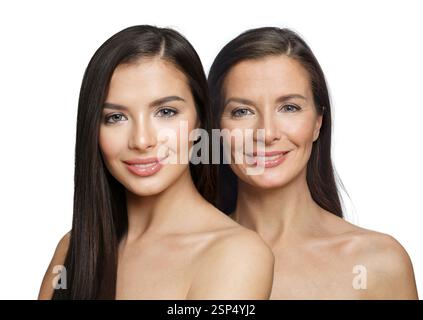 Parfaite jeune femme modèle et femme mature. Ensemble de collage de deux visages féminins. Banque D'Images