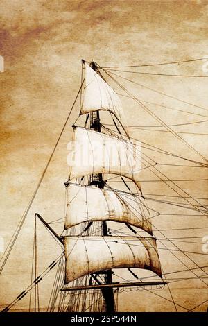 Grand navire navigue dans le vent, stylisé pour le dessin à la plume et à l'encre sur un vieux fond de papier Banque D'Images