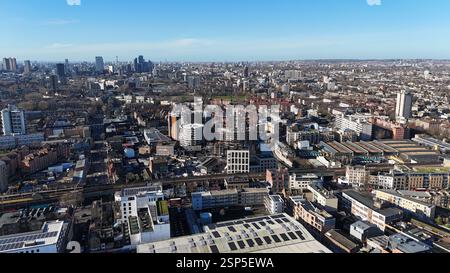 Bethnal Green Old Gasholder développement Regents vue drone, aérien Banque D'Images
