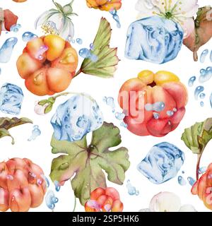 Framboise cloudberry volant dans l'eau éclaboussures avec des gouttes, des glaçons, dessiné à la main à l'aquarelle, feuilles de baies de forêt rouge. Illustration de motif sans couture Banque D'Images
