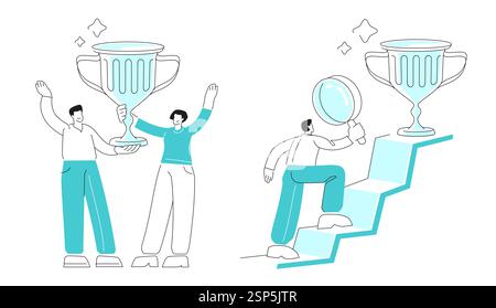 Travail d'équipe, groupe heureux de personnes qui tiennent la coupe de prix. Atteindre l'objectif, homme d'affaires monte des étapes vers le succès Illustration de Vecteur