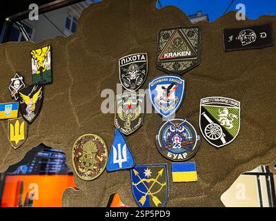 Lviv, Ukraine - 13 février 2025 : divers dessins colorés d'insignes militaires ukrainiens disposés soigneusement sur un fond de surface texturé Banque D'Images