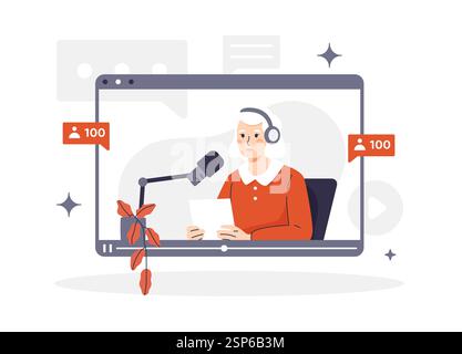 Illustration vectorielle d'une femme âgée diffusant en direct sur un écran de tablette. La femme au casque parle dans un microphone, interagissant avec elle a Illustration de Vecteur